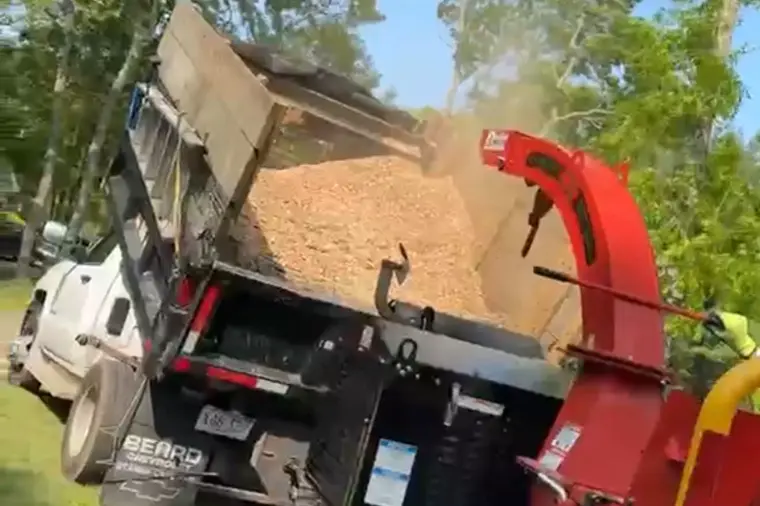 Chipper and dump truck removing tree debris